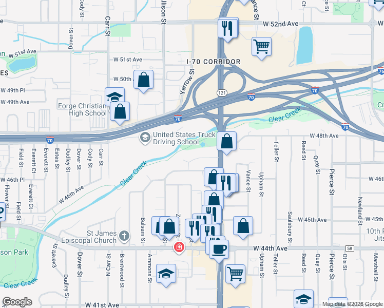 map of restaurants, bars, coffee shops, grocery stores, and more near 7675 West 48th Avenue in Wheat Ridge