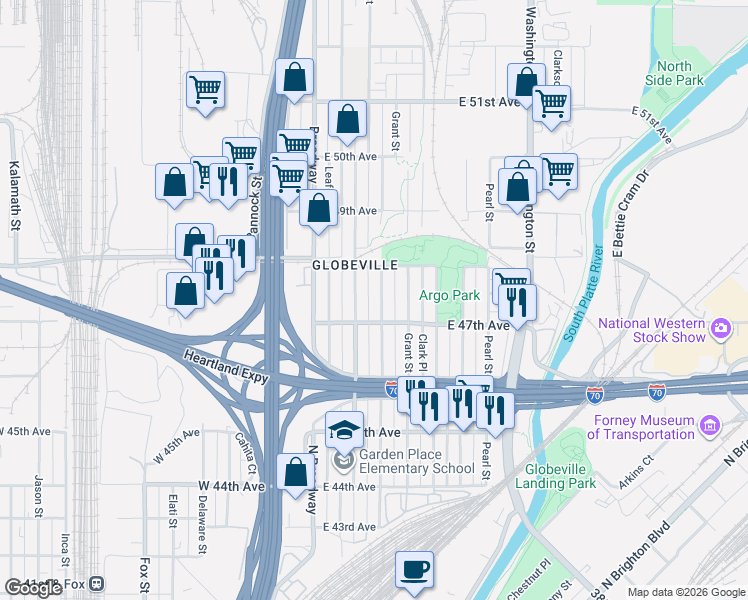 map of restaurants, bars, coffee shops, grocery stores, and more near 4747 Sherman Street in Denver
