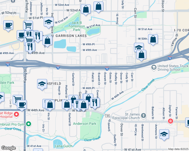 map of restaurants, bars, coffee shops, grocery stores, and more near 4753 Everett Court in Wheat Ridge