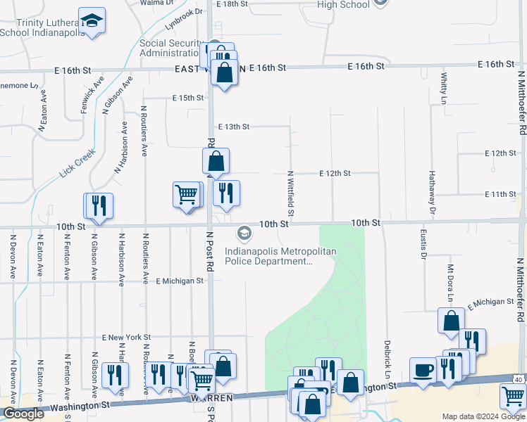 map of restaurants, bars, coffee shops, grocery stores, and more near 9100 East 10th Street in Indianapolis