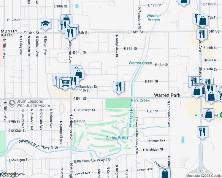 map of restaurants, bars, coffee shops, grocery stores, and more near 1060 North Ridgeview Drive in Indianapolis