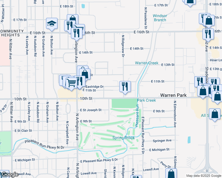 map of restaurants, bars, coffee shops, grocery stores, and more near 6210 Eastridge Drive in Indianapolis