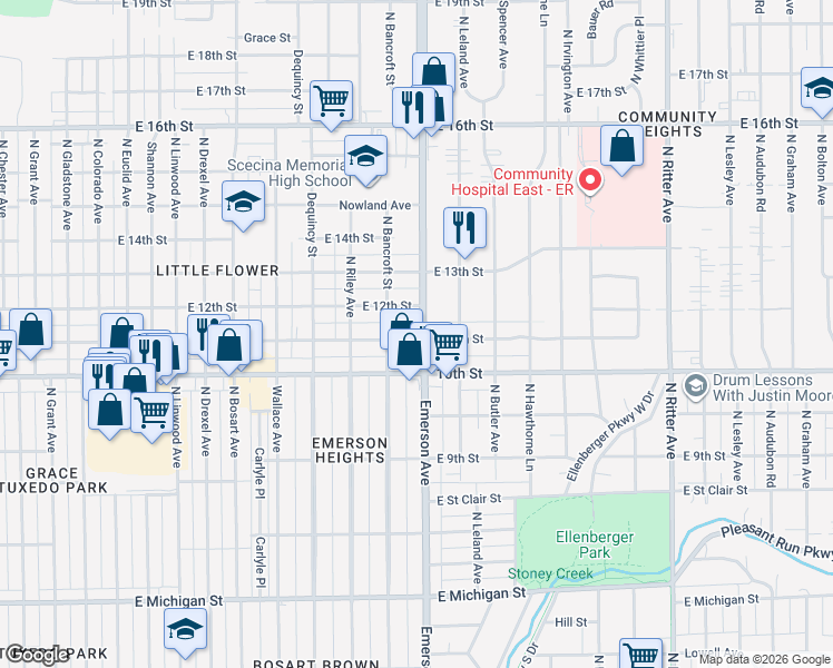 map of restaurants, bars, coffee shops, grocery stores, and more near 1116 North Emerson Avenue in Indianapolis