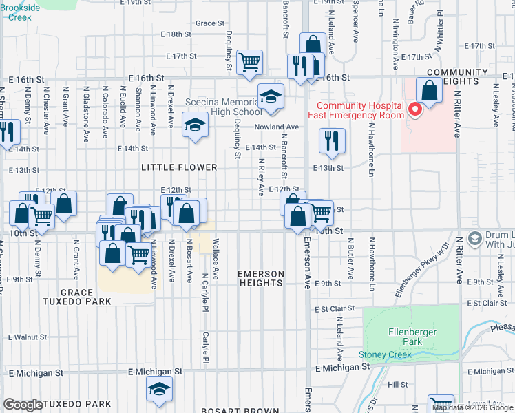 map of restaurants, bars, coffee shops, grocery stores, and more near 1116 North Riley Avenue in Indianapolis