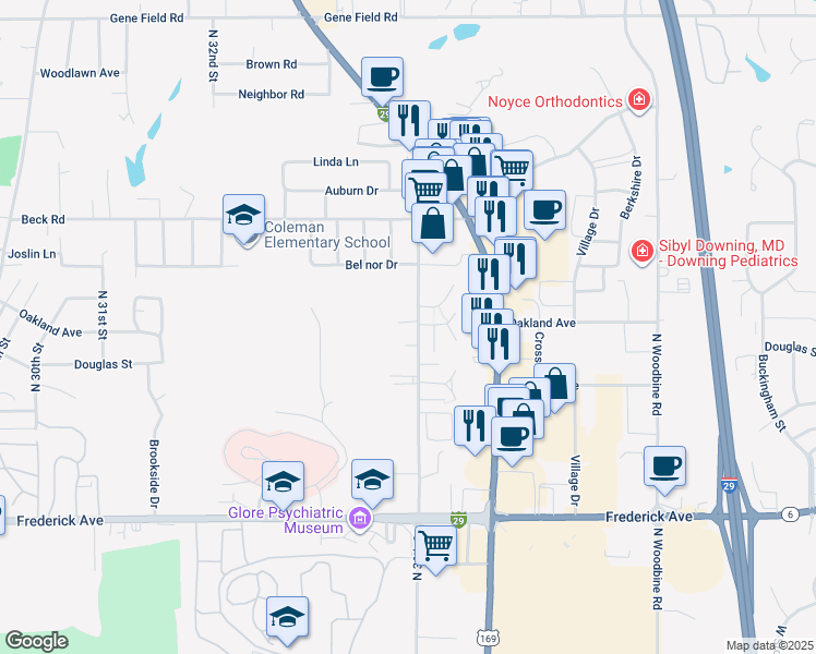 map of restaurants, bars, coffee shops, grocery stores, and more near 1602 North 36th Street in Saint Joseph