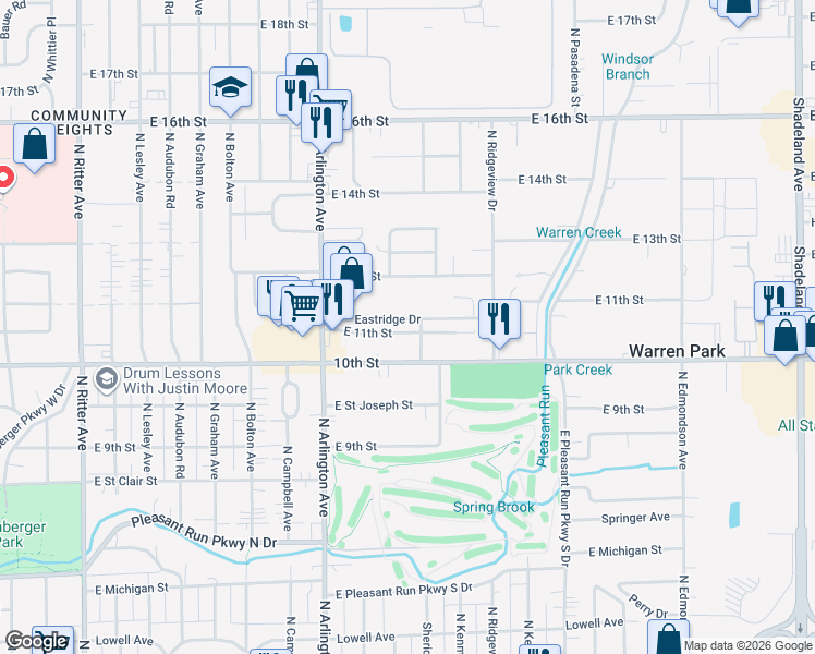 map of restaurants, bars, coffee shops, grocery stores, and more near 6124 Eastridge Drive in Indianapolis