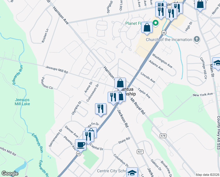 map of restaurants, bars, coffee shops, grocery stores, and more near 475 Jessups Mill Road in Mantua Township