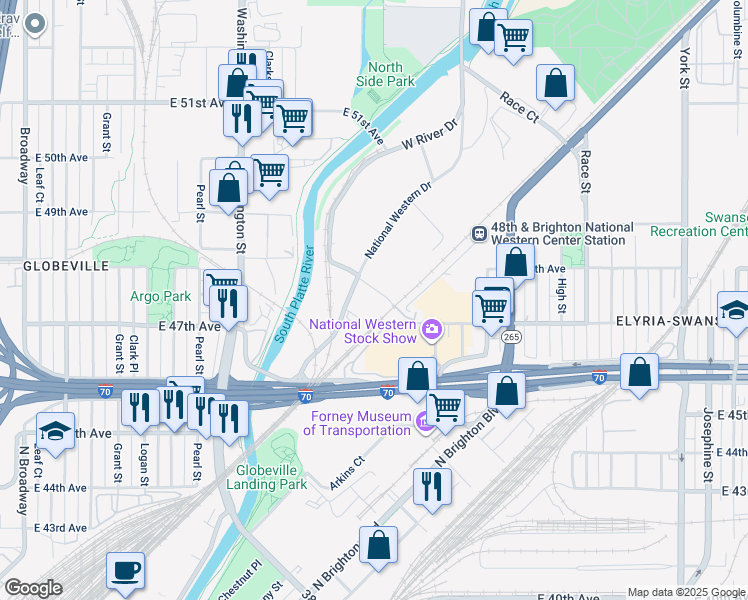map of restaurants, bars, coffee shops, grocery stores, and more near 4710 National Western Drive in Denver