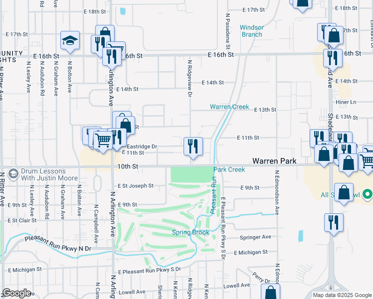 map of restaurants, bars, coffee shops, grocery stores, and more near 1060 North Ridgeview Drive in Indianapolis