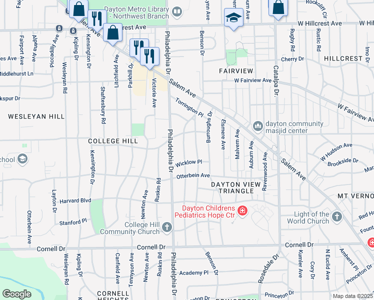 map of restaurants, bars, coffee shops, grocery stores, and more near 1924 Burbank Drive in Dayton