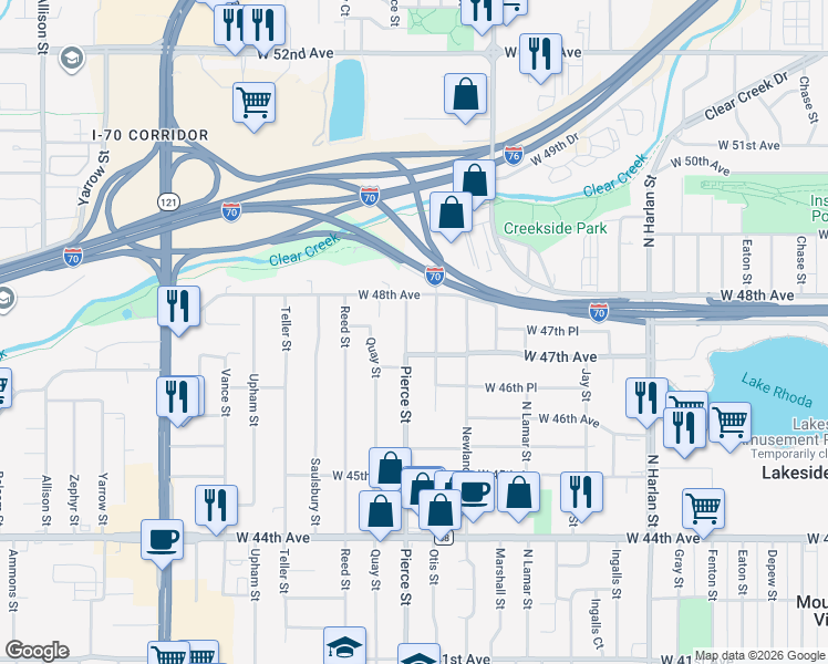 map of restaurants, bars, coffee shops, grocery stores, and more near 4730 Pierce Street in Wheat Ridge