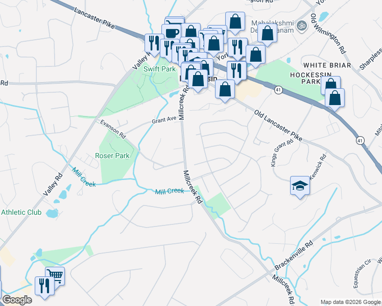 map of restaurants, bars, coffee shops, grocery stores, and more near 4241 Millcreek Road in Hockessin