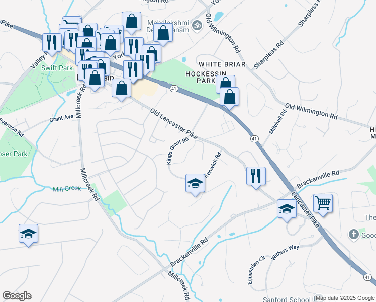 map of restaurants, bars, coffee shops, grocery stores, and more near 728 Stonehouse Way in Hockessin