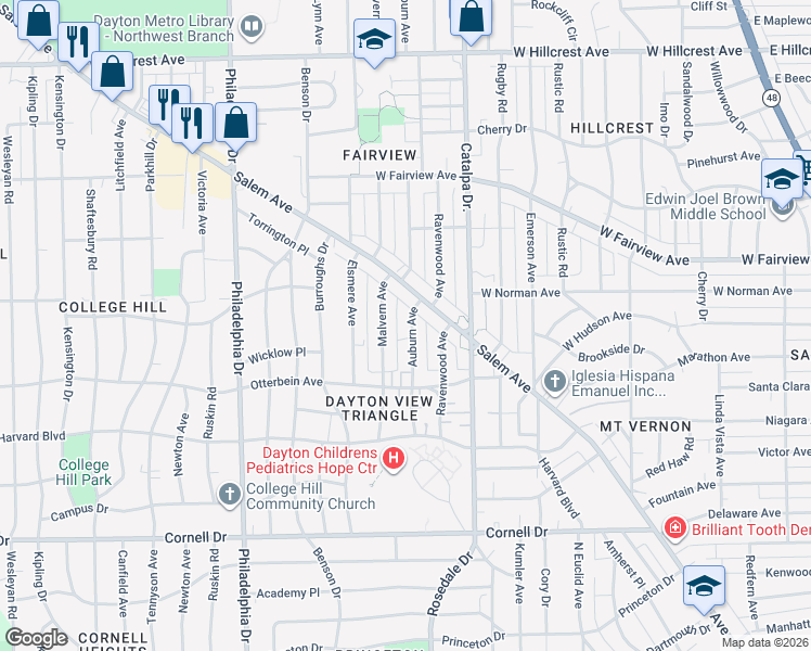 map of restaurants, bars, coffee shops, grocery stores, and more near 1931 Auburn Avenue in Dayton
