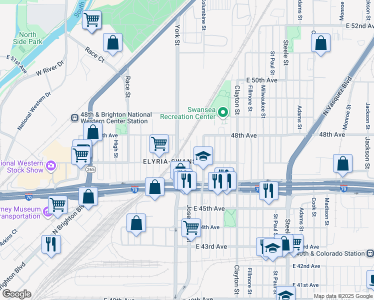 map of restaurants, bars, coffee shops, grocery stores, and more near 4728 Josephine Street in Denver