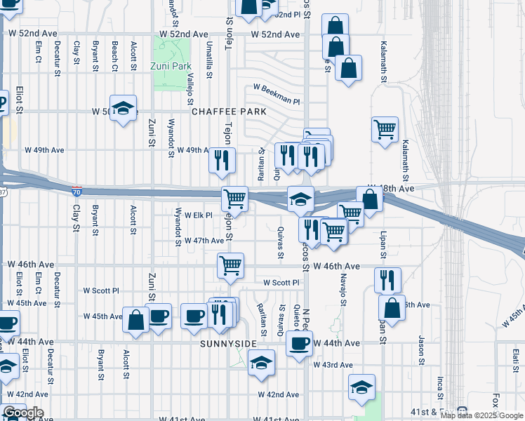 map of restaurants, bars, coffee shops, grocery stores, and more near 4760 Shoshone Street in Denver