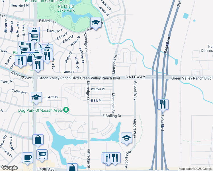 map of restaurants, bars, coffee shops, grocery stores, and more near 16196 Warner Drive in Denver