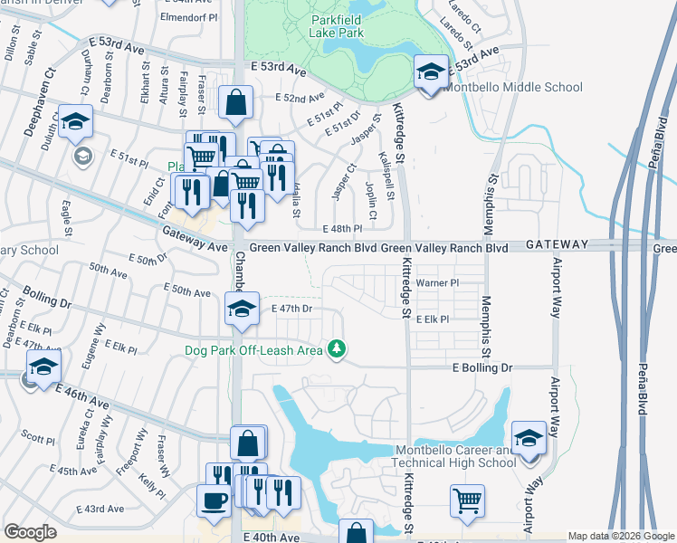 map of restaurants, bars, coffee shops, grocery stores, and more near 15732 Warner Drive in Denver
