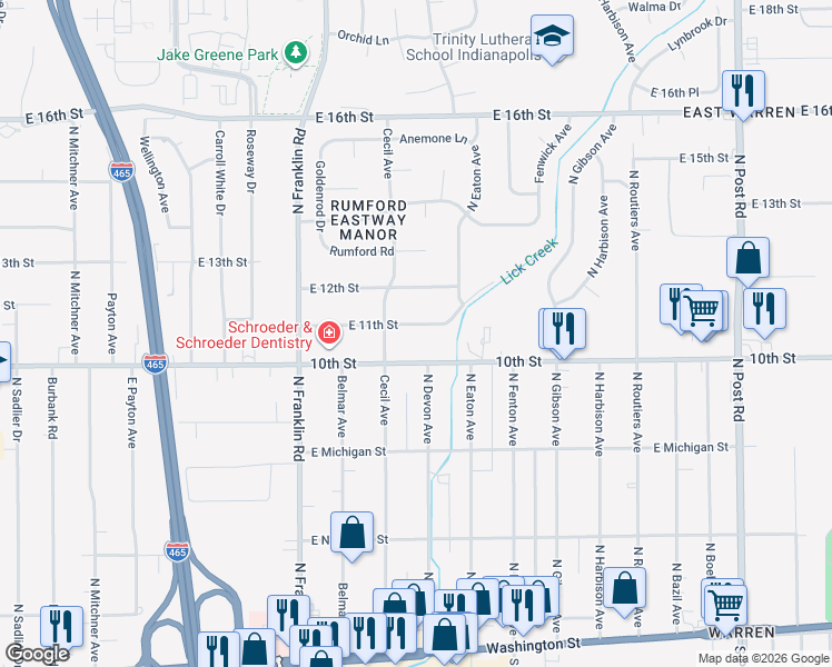 map of restaurants, bars, coffee shops, grocery stores, and more near 8233 East 11th Street in Indianapolis