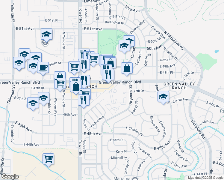 map of restaurants, bars, coffee shops, grocery stores, and more near 18652 Green Valley Ranch Boulevard in Denver