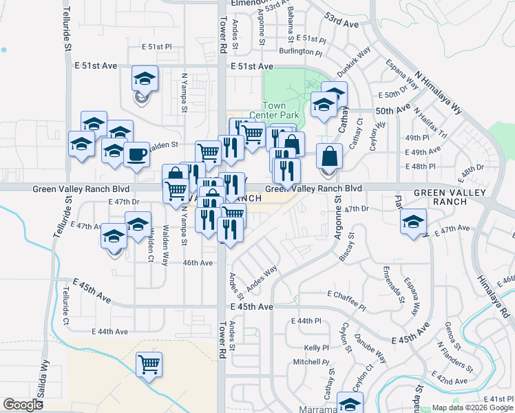 map of restaurants, bars, coffee shops, grocery stores, and more near 4790 Tower Road in Denver