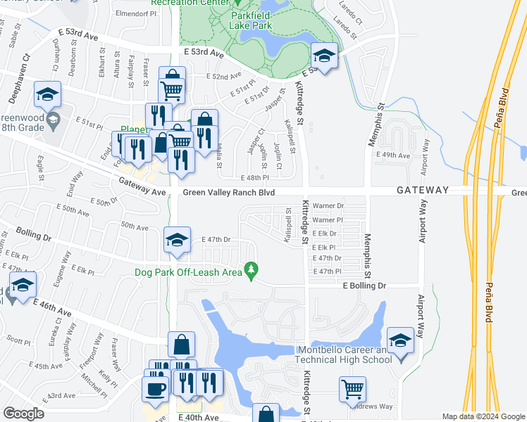 map of restaurants, bars, coffee shops, grocery stores, and more near 15732 Warner Drive in Denver