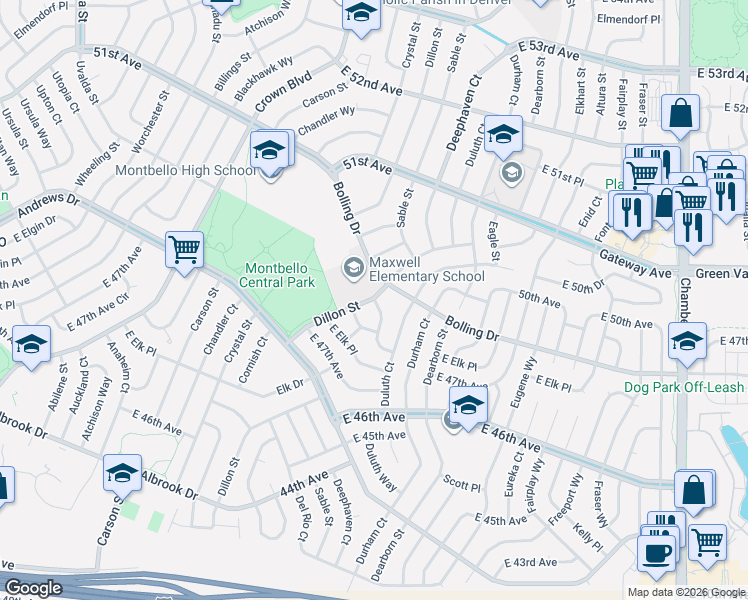 map of restaurants, bars, coffee shops, grocery stores, and more near 4814 Deephaven Court in Denver