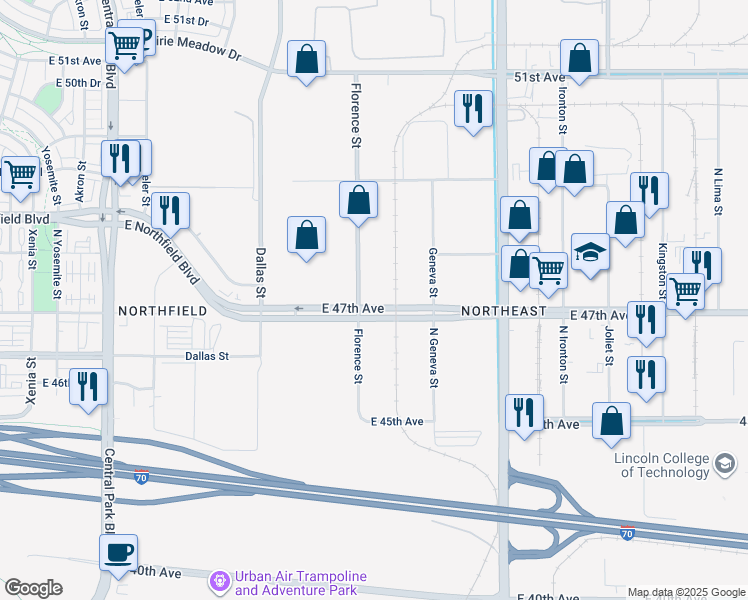 map of restaurants, bars, coffee shops, grocery stores, and more near 10235 East 47th Avenue in Denver