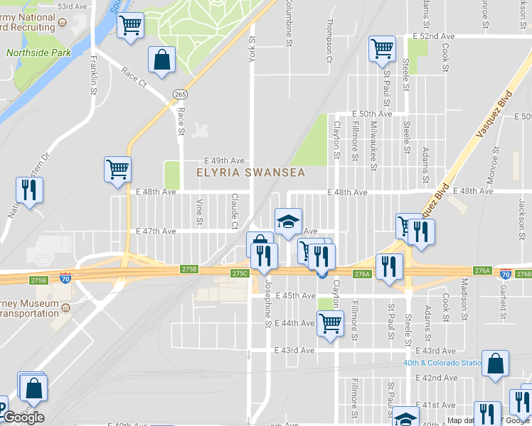 map of restaurants, bars, coffee shops, grocery stores, and more near 4728 Josephine Street in Denver