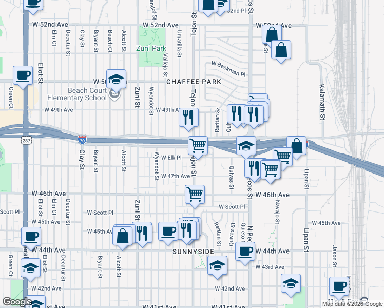 map of restaurants, bars, coffee shops, grocery stores, and more near 2102 West 48th South Drive in Denver