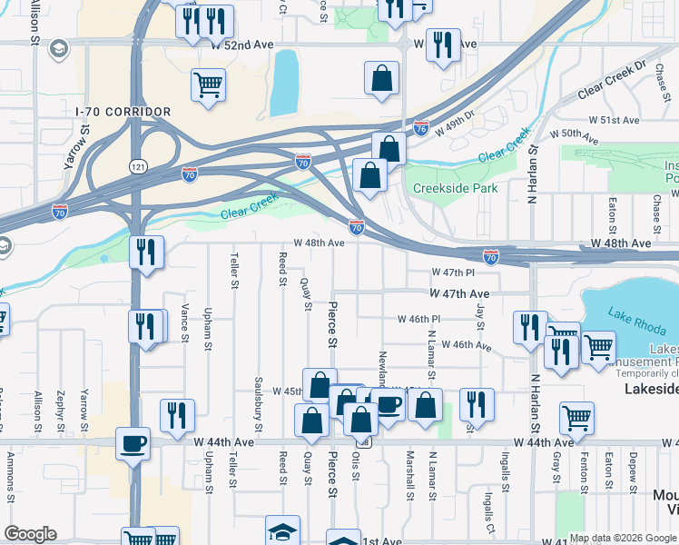 map of restaurants, bars, coffee shops, grocery stores, and more near 4740 Pierce Street in Wheat Ridge