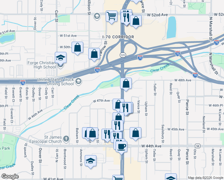 map of restaurants, bars, coffee shops, grocery stores, and more near 7615 West 48th Avenue in Wheat Ridge