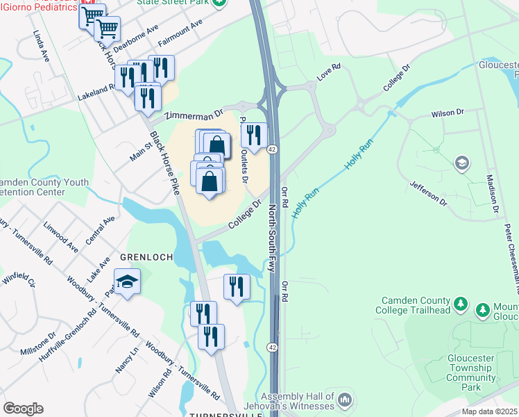 map of restaurants, bars, coffee shops, grocery stores, and more near 150 College Drive in Camden County