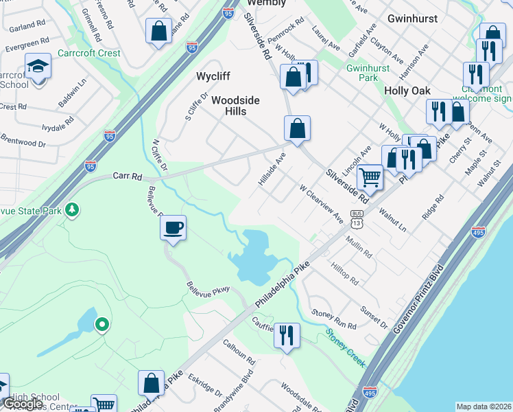 map of restaurants, bars, coffee shops, grocery stores, and more near 1100 Hillside Avenue in Wilmington