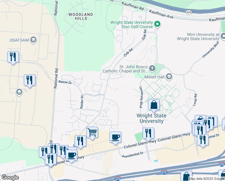 map of restaurants, bars, coffee shops, grocery stores, and more near 1404 Forest Lane in Fairborn