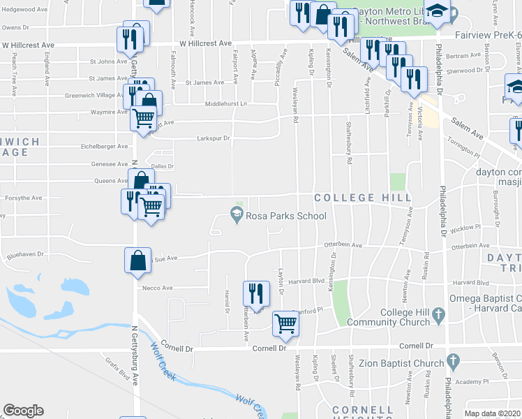 map of restaurants, bars, coffee shops, grocery stores, and more near 3754 Kings Highway in Dayton
