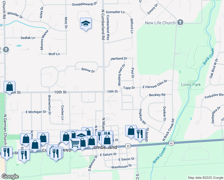 map of restaurants, bars, coffee shops, grocery stores, and more near 11736 East 10th Street in Indianapolis