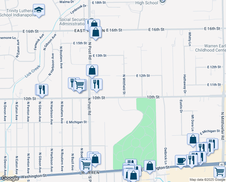map of restaurants, bars, coffee shops, grocery stores, and more near 9100 East 10th Street in Indianapolis