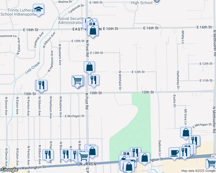map of restaurants, bars, coffee shops, grocery stores, and more near 9100 East 10th Street in Indianapolis