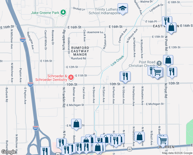 map of restaurants, bars, coffee shops, grocery stores, and more near 8255 East 11th Street in Indianapolis