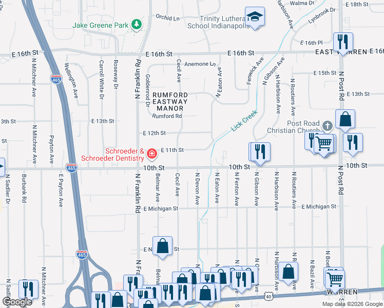 map of restaurants, bars, coffee shops, grocery stores, and more near 8233 East 11th Street in Indianapolis