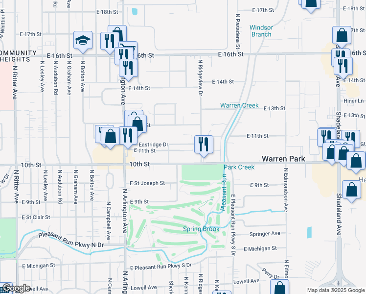 map of restaurants, bars, coffee shops, grocery stores, and more near 6210 Eastridge Drive in Indianapolis