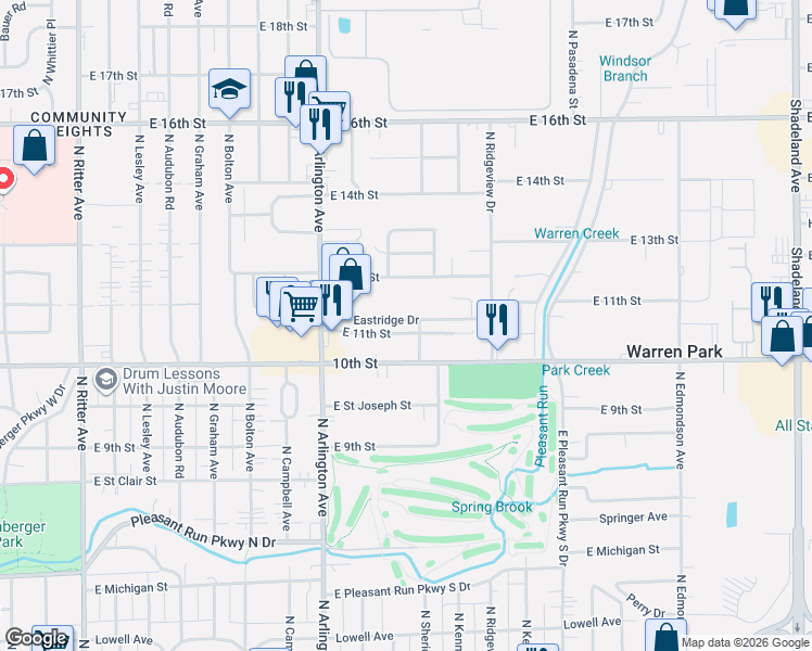 map of restaurants, bars, coffee shops, grocery stores, and more near 6124 Eastridge Drive in Indianapolis