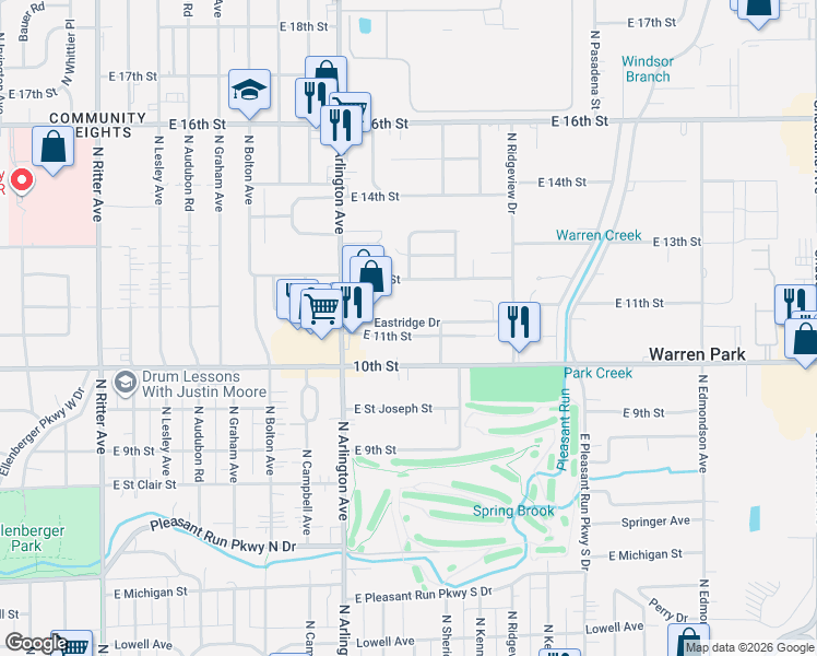 map of restaurants, bars, coffee shops, grocery stores, and more near 6124 Eastridge Drive in Indianapolis