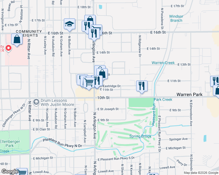 map of restaurants, bars, coffee shops, grocery stores, and more near 6070 Eastridge Drive in Indianapolis