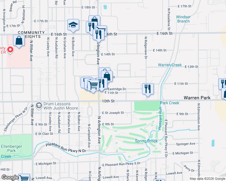 map of restaurants, bars, coffee shops, grocery stores, and more near 6070 Eastridge Drive in Indianapolis