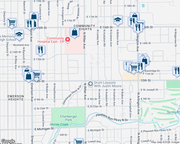 map of restaurants, bars, coffee shops, grocery stores, and more near 1046 North Layman Avenue in Indianapolis