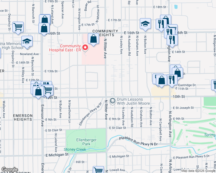 map of restaurants, bars, coffee shops, grocery stores, and more near 1046 North Layman Avenue in Indianapolis