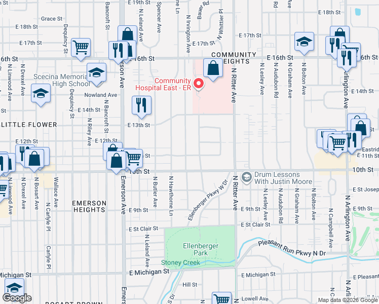 map of restaurants, bars, coffee shops, grocery stores, and more near 1109 North Downey Avenue in Indianapolis