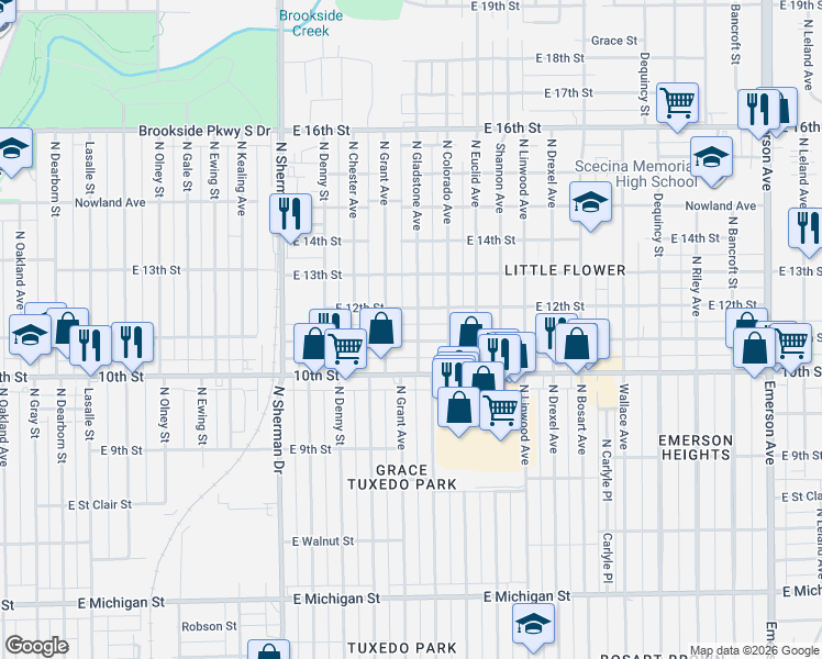 map of restaurants, bars, coffee shops, grocery stores, and more near 1160 North Gladstone Avenue in Indianapolis